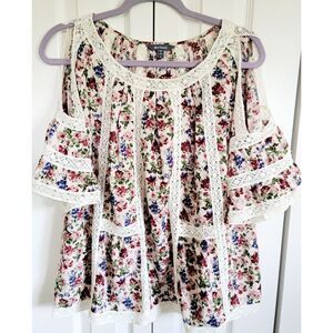 Anthropologie S Blue Tassel‎ Peasant Floral Lace Cold Shoulder Blouse Top Oversz